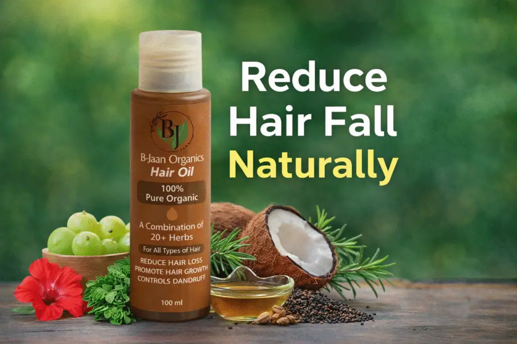 B-Jaan Organics organic hair oil bottle with natural herbs to reduce hair fall naturally